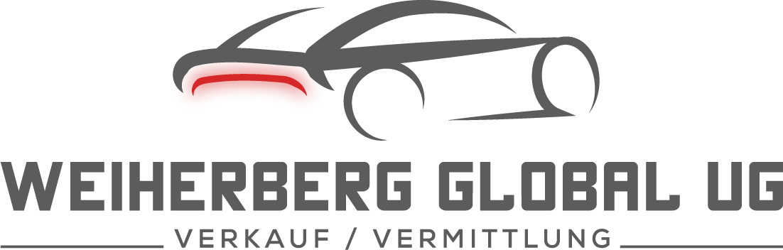 Logo von Weiherberg Global UG mit Icon und Schriftzug. Das Logo zeigt einen sportlichen Wagen mit rotem Heck. Darunter ist unser Firmenname zu lesen. Weiherberg verkauft und vermittelt Fahrzeuge nach Kundenwunsch.